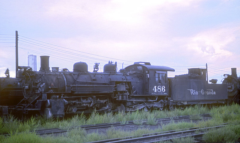 Denver & Rio Grande Western 2-8-2 Class K-36 486 at Alamosa, Colorado on August 17, 1965, Kodachrome by Chuck Zeiler.